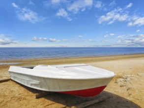 Sea boat at beach in sunny day