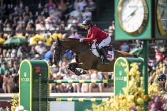 Jorne Sprehe of Germany and riding Sprehe Hot Easy compete in the first round of the 1.60m CPKC