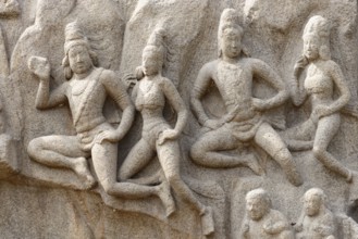 Descent of Ganga, bas-relief, detail, Detailed stone relief with dancing figures in dynamic pose,