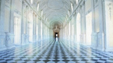 Creative illustration of Reggia di Venaria Reale gallery, Italy. Luxury marbles in baroque Royal