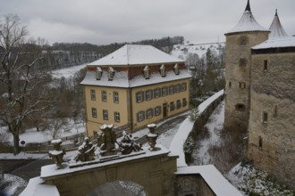 Medieval battlements at Comburg Castle, Benedictine monastery, Way of St James, Kocher Valley,
