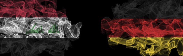 Flags of Iraq and Germany on Black background, Iraq vs Germany Smoke Flags