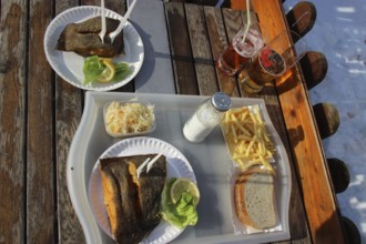 Eating fried fish outside, winter at the Baltic Sea