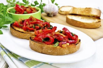 Bruschetta with roasted tomatoes, peppers, garlic, onions and parsley in a plate on a napkin