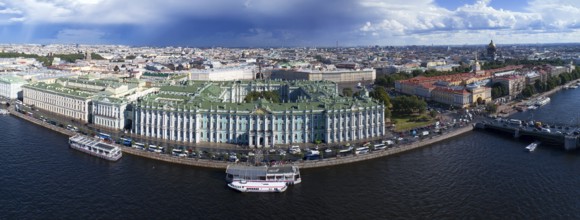 Aerial panorama of the Neva River, Hermitage, Winter Palace, Admiralty, the city center of St.