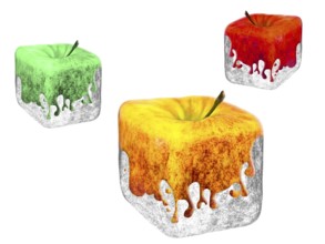 Three multicolored square apples over the white background