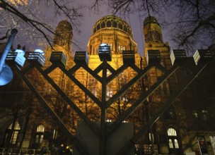 Germany, Berlin, 26.12.2024, Hanukkah candlestick in front of the New Synagogue, Oranienburger