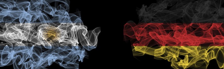 Flags of Argentina and Germany on Black background, Argentina vs Germany Smoke Flags