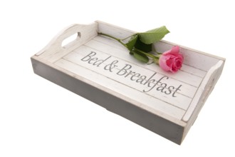 Wooden tray for bed and breakfast with pink rose