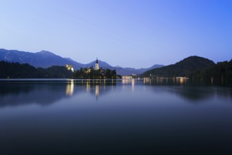 Dawn at lake Bled with blue skies, Slovenia