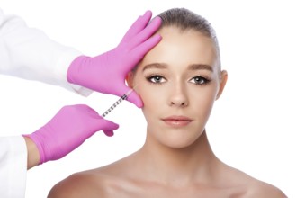 Beautiful face crows feet injection Cosmetic skincare spa beauty treatment with pink gloves by eye,