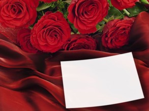 Red Roses With White Greeting Card At Vinous Fabric