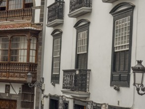 Street scene with historic buildings and balconies, la palma, canary islands, spain