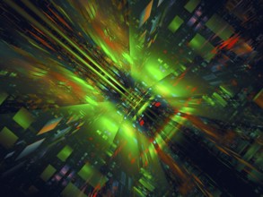 Abstract dark green computer-generated 3d illustration in tech style. Fractal art: glossy walls