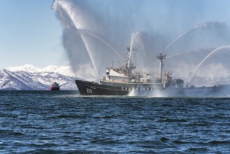 KAMCHATKA PENINSULA, RUSSIA, APR 27, 2019: Fire fighting and rescue ship of Pacific Fleet of Russia