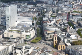 Frankfurt, Germany, September 2, 2015: Skyline of Frankfurt city with a view of the Zeil main