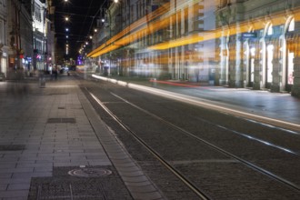 Herrengasse, light traces of a tram, night shot, Graz, Styria, Austria