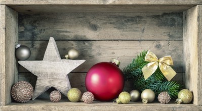 A typical Christmas symbols decoration on a wooden background
