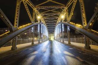 Illuminated bridge, Waasenbrücke, night shot, Leoben, Styria, Austria