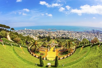 HAIFA, ISRAEL - MAY 6, 2017: Bahai World Center. View from Mount Carmel to the seaport of Haifa.