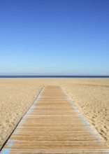 Wooden pathway leading to the beach and sea. Summer scene with clear blue sky