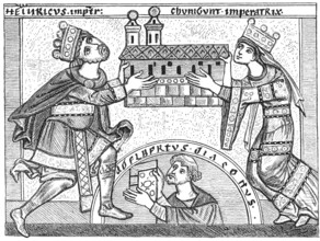 King Henry II and his wife Saint Cunigunde of Luxembourg founding the Bamberg Cathedral, Bamberg,