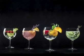 Fancy cocktails with fresh fruit. Gin and tonic drinks with ice at a party, on a black background,