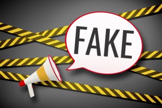 3D illustration of a megaphone and a speech bubble with the message fake