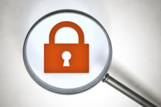3d rendering of a magnifying glass and a lock sign