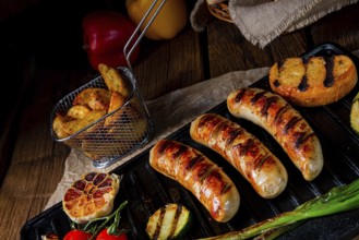 Delicious grilled sausage with various grilled vegetables