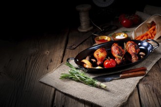 Grilled chicken legs in a barbecue marinade with sweet potatoes