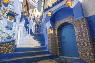 Street View of Blue City houses in Chefchaouen, Morocco
