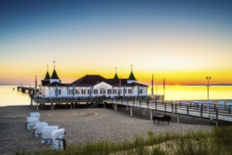 Sunrise on the pier in Ahlbeck on the island of Usedom on the Baltic Sea