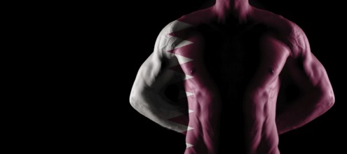 Qatar flag on muscled male torso with abs, black background