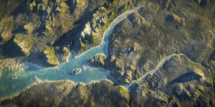 Aerial view fantasy landscape with river 3D illustration