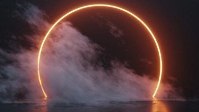 Neon tube circle with smoke background. 3D illustration