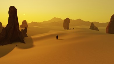 A lonely explorer at a dry desert planet. 3D illustration