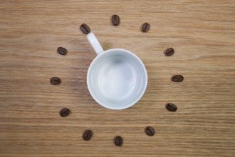 Coffee Time - Empty coffee cup and clock of coffee beans