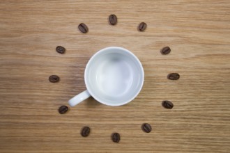 Coffee Time - Empty coffee cup and clock of coffee beans