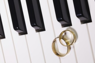 Detail of piano keyboard and wedding rings