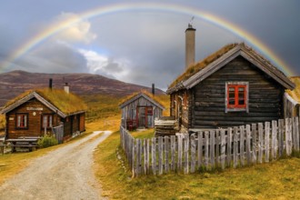 Old house with grass roof, weekend house, boathouse, rainbow, Viksfjorden, Norway Viksfjorden,