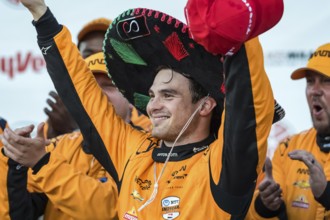NTT INDYCAR SERIES PATO OWARD (5) (MEX) of Monterey, Mexico celebrates his win for the Hy-Vee