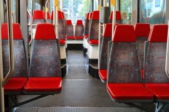Interior of Helsinki tram, empty seats with no people. Helsinki, Finland. July 3, 2020