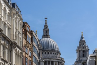 Low angle view of the Dome of St Paul Cathedral from Ludgate Hill against sky