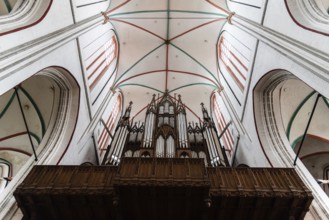 Schwerin, Germany, August 2, 2019: Interior view of Cathedral and the organ. It is an Evangelical