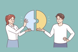 Happy businesspeople connect pieces of jigsaw find solution together. Smiling employees look for