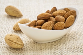 Almonds nuts - a ceramic bowl on a burlap canvas