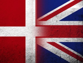 The Kingdom of Denmark National flag with National flag of United Kingdom, Great Britain. Grunge