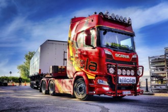Red Next Generation Scania truck in front semi trailer of Eilola Logistics Oy, special transport.