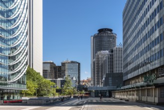 Madrid, Spain, May 1, 2019: Modern skyscrapers in AZCA Financial District against blue sky